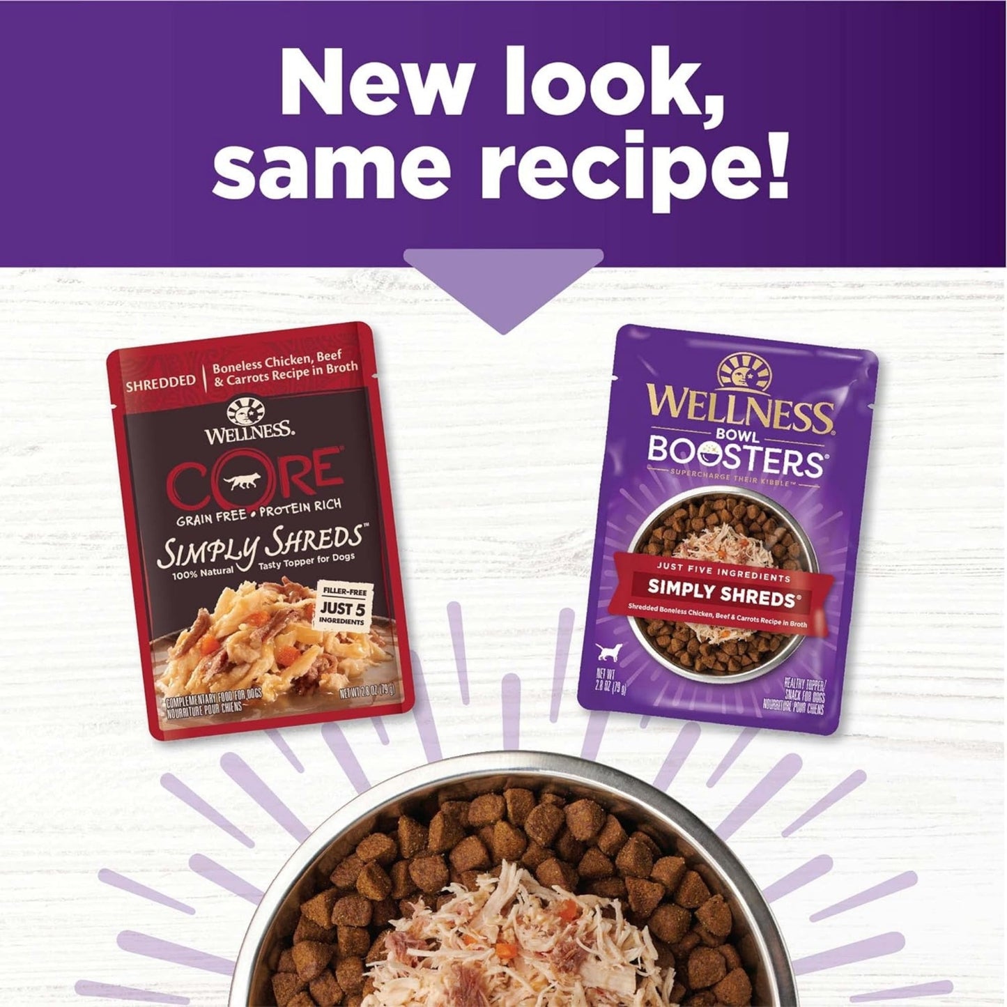 Wellness Bowl Boosters Simply Shreds – Chicken & Beef Shred (2.8oz, Case of 12)