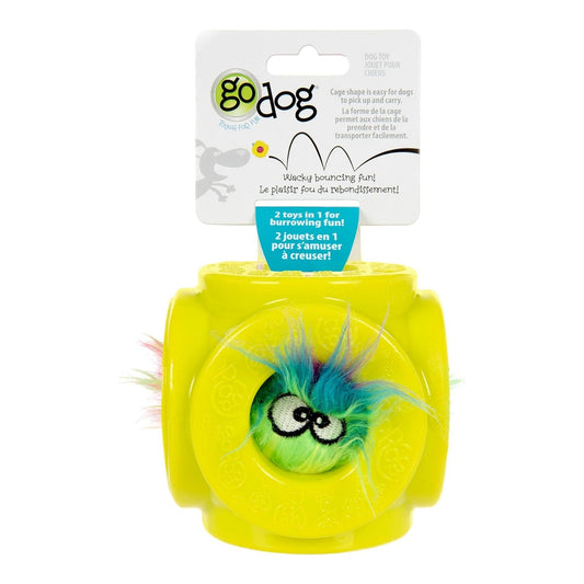goDog Cage Ball 2-in-1 Burrow Bouncer Dog Toy – Lime/Rainbow, Medium