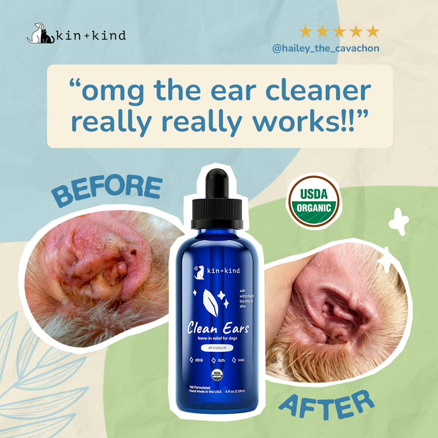 Kin+Kind Clean Ears – Organic Dog Ear Cleaner, 4oz